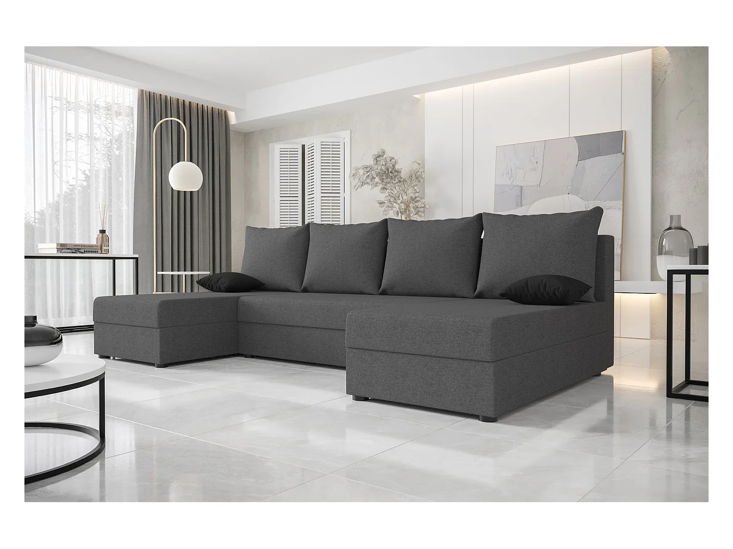 BEDANTE WOHNLANDSCHAFT HEWLET U Sawana 05 Grau mit Schlaffunktion U-Form Sofa mit Stauraum Bettkasten Wohnzimmersofa Couch Sofa Bettsofa Bettkasten Bettcouch