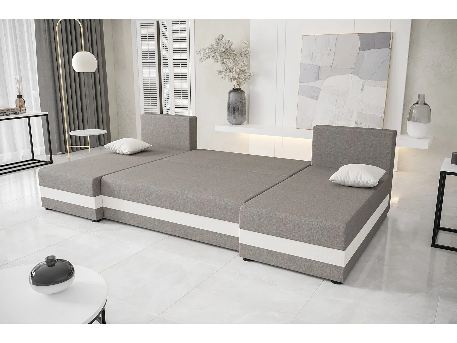 BEDANTE canapé panoramique HEWLET U Sawana 05 gris avec fonction de couchage canapé en U avec espace de rangement coffre