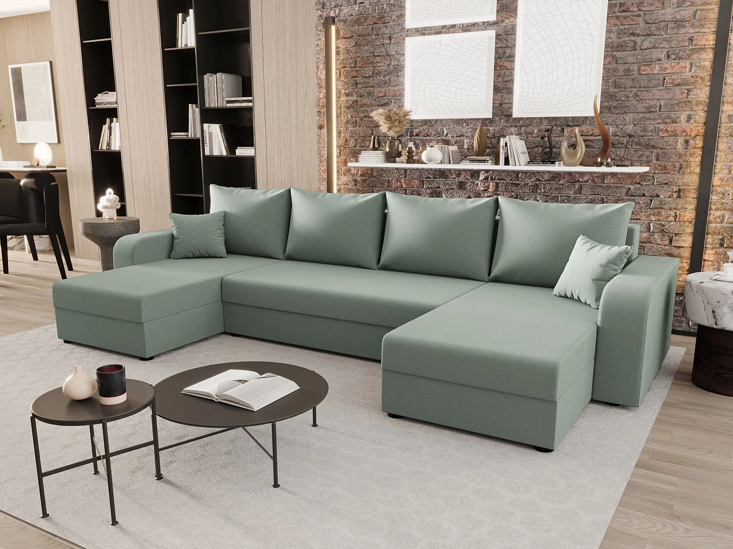 BEDANTE canapé panoramique HEWLET U BIS Cosmic 16 vert clair avec fonction de couchage canapé en U avec espace de rangement coffre