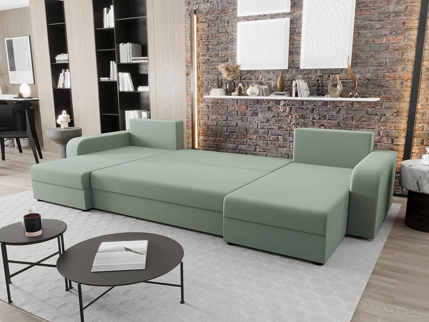BEDANTE canapé panoramique HEWLET U BIS Cosmic 16 vert clair avec fonction de couchage canapé en U avec espace de rangement coffre