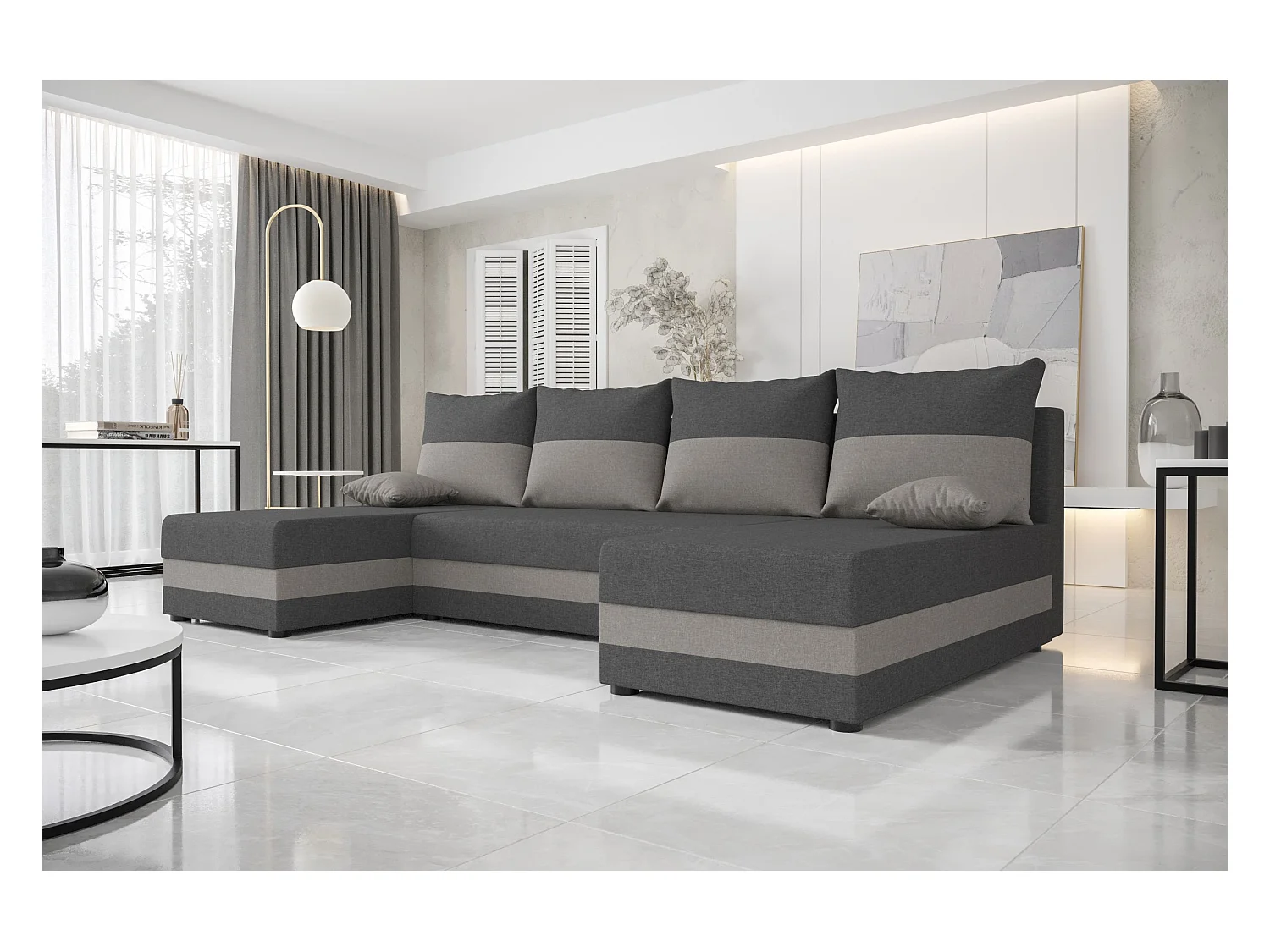 BEDANTE WOHNLANDSCHAFT HEWLET U Sawana 05+21 Grau/Beige mit Schlaffunktion U-Form Sofa mit Stauraum Bettkasten