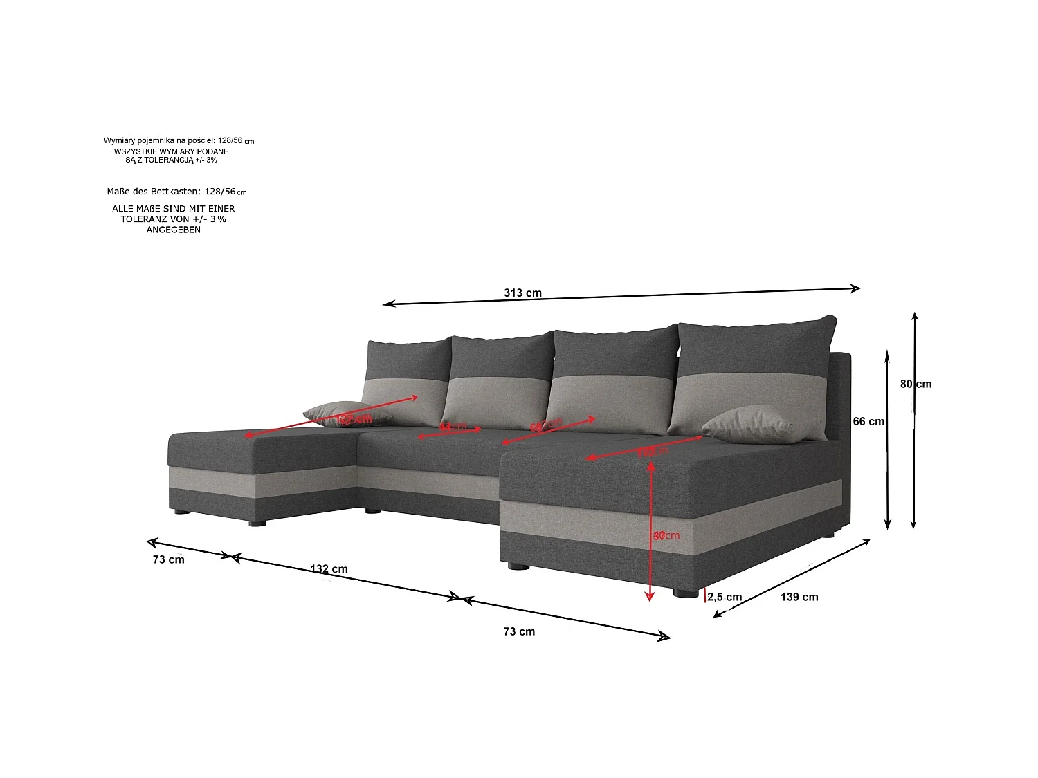 BEDANTE WOHNLANDSCHAFT HEWLET U Sawana 05+21 Grau/Beige mit Schlaffunktion U-Form Sofa mit Stauraum Bettkasten
