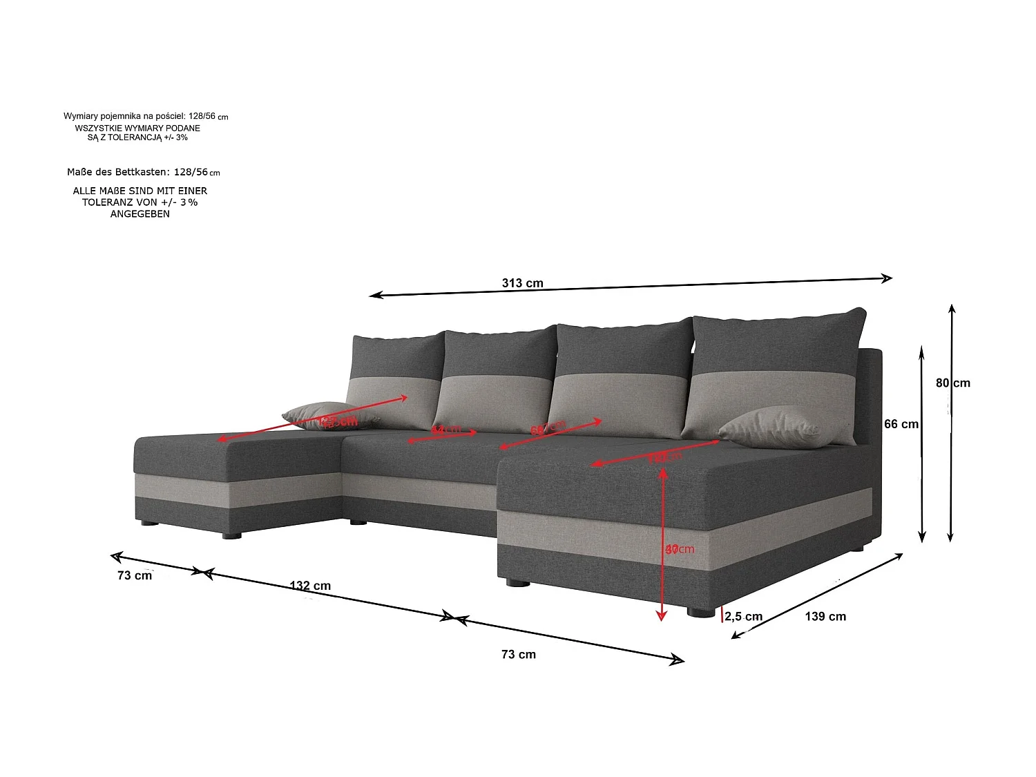 BEDANTE canapé panoramique HEWLET U Sawana 05+21 gris/beige avec fonction de couchage canapé en U avec espace de rangement coffre