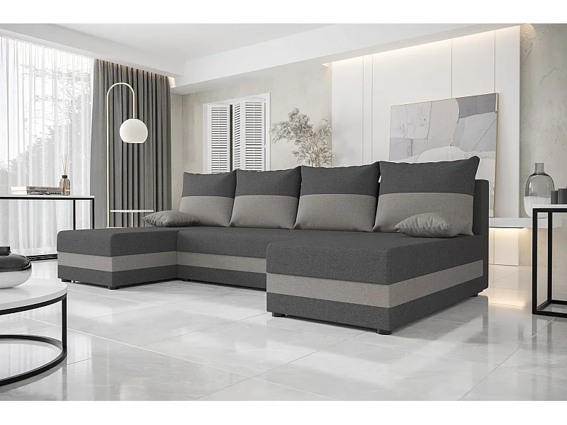 BEDANTE WOHNLANDSCHAFT HEWLET U Sawana 05+21 Grau/Beige mit Schlaffunktion U-Form Sofa mit Stauraum Bettkasten