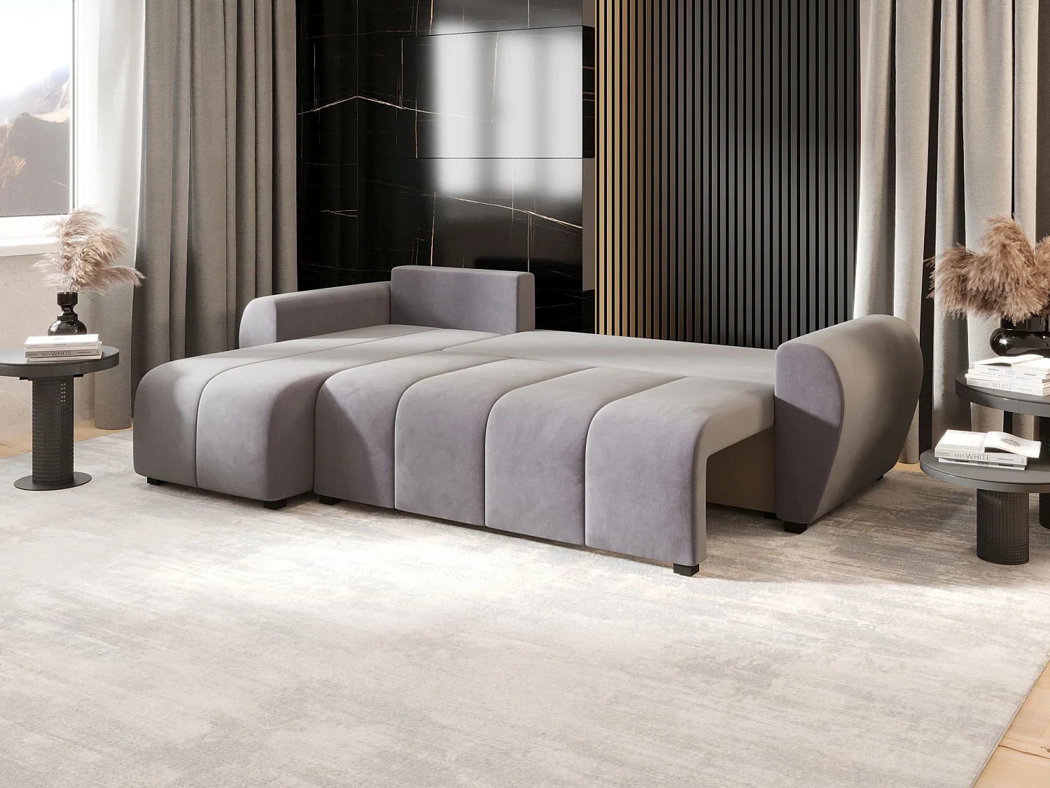 Canapé d'angle convertible 3 places en tissu gris