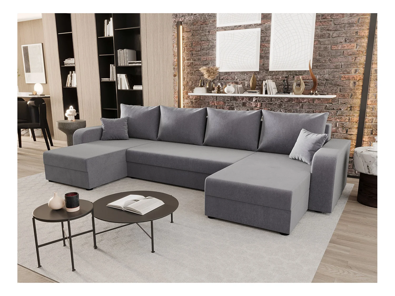 BEDANTE canapé panoramique HEWLET U BIS Itaka 50 gris avec fonction de couchage canapé en U avec espace de rangement coffre