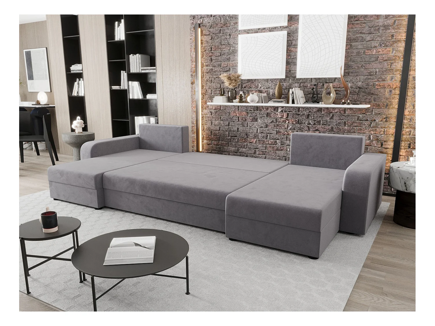 BEDANTE canapé panoramique HEWLET U BIS Itaka 50 gris avec fonction de couchage canapé en U avec espace de rangement coffre