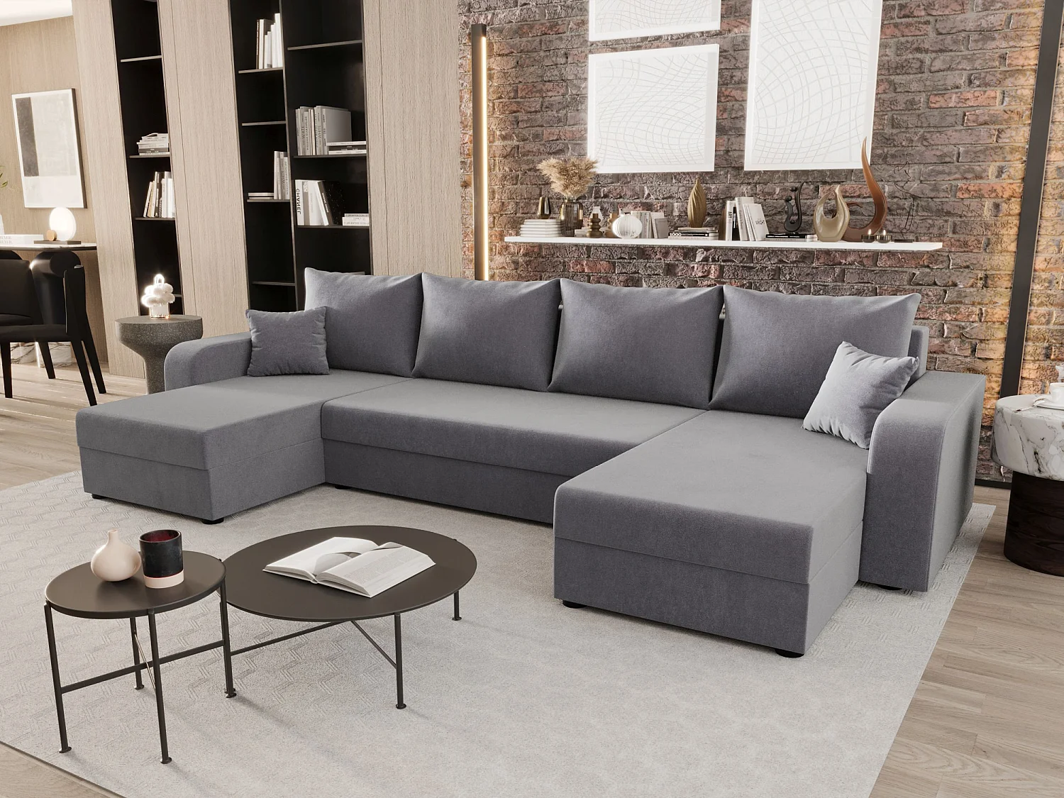 BEDANTE canapé panoramique HEWLET U BIS Itaka 50 gris avec fonction de couchage canapé en U avec espace de rangement coffre