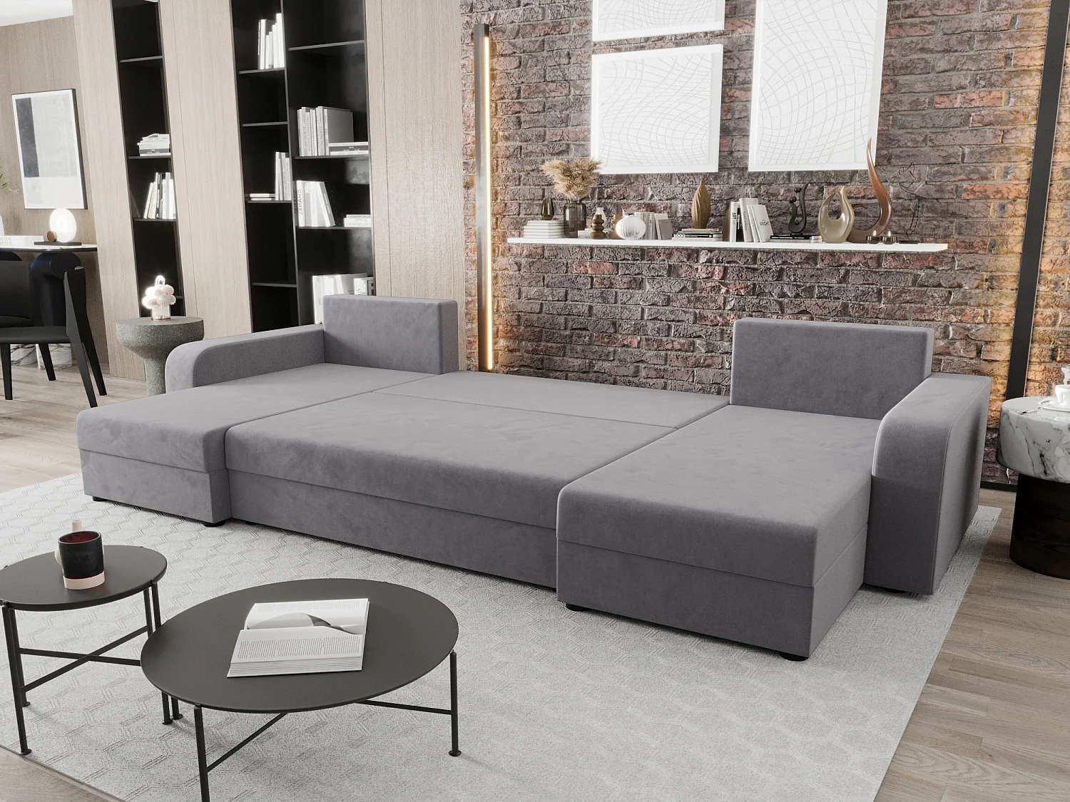 Canapé d'angle panoramique convertible 5 places avec coffre en tissu gris
