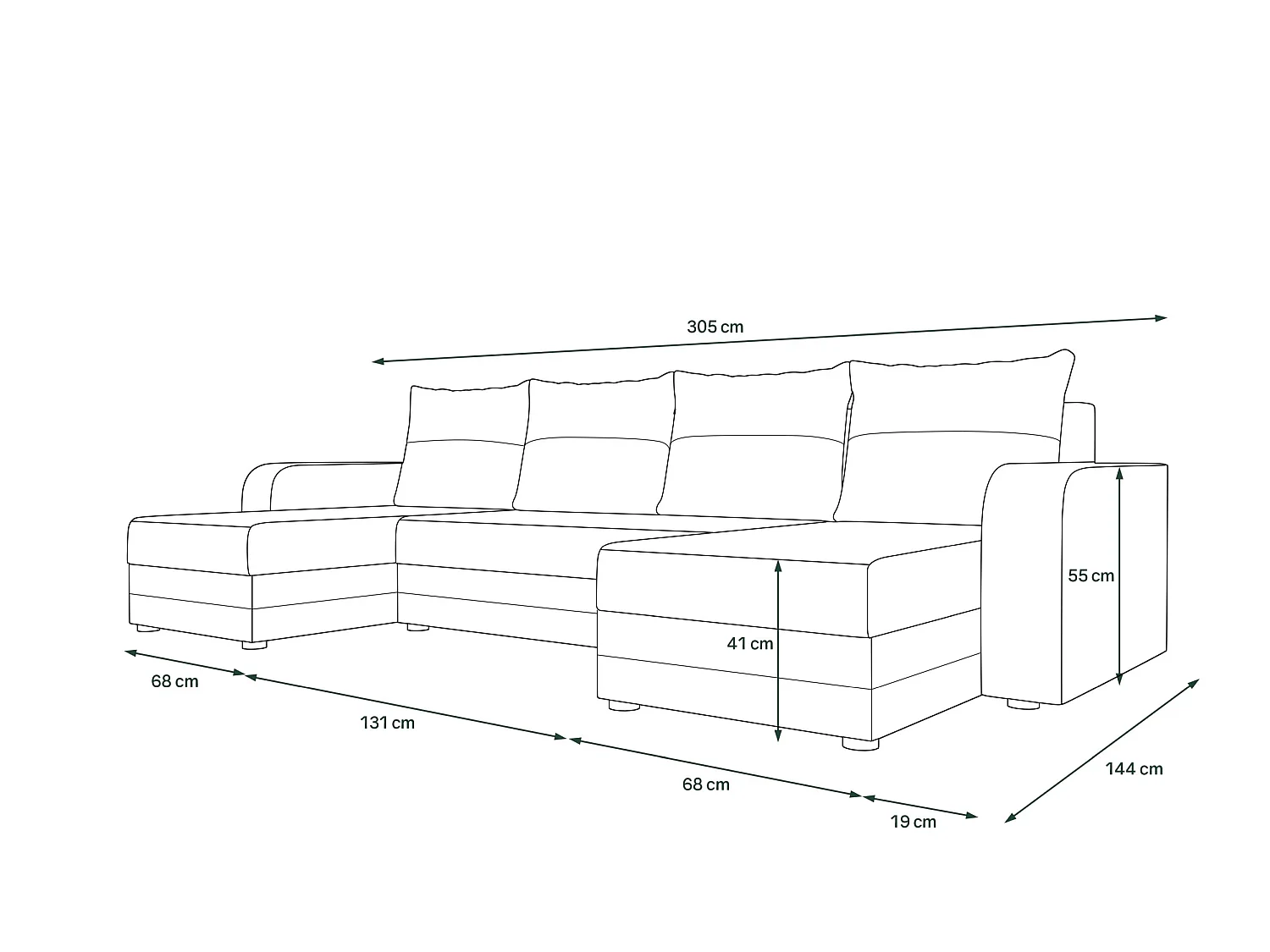 Canapé d'angle panoramique convertible 5 places avec coffre en tissu gris
