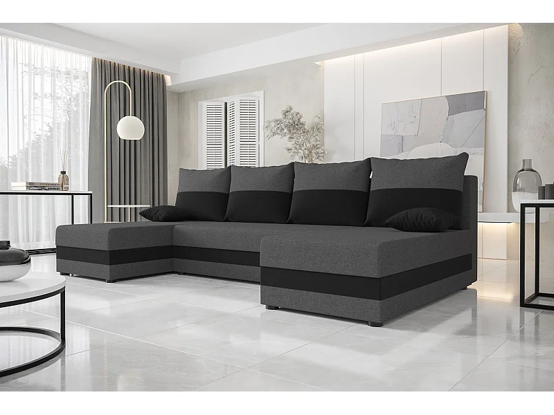 BEDANTE canapé panoramique HEWLET U Sawana 05+14 gris foncé/noir avec fonction de couchage canapé en U avec espace de rangement coffre