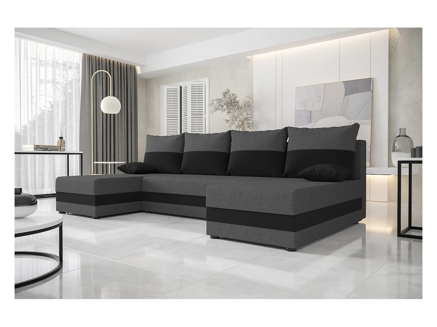 BEDANTE narożnik w kształcie U HEWLET U Sawana 05+14 ciemnoszary/czarny z funkcją spania sofa w kształcie litery U z pojemnikiem na pościel