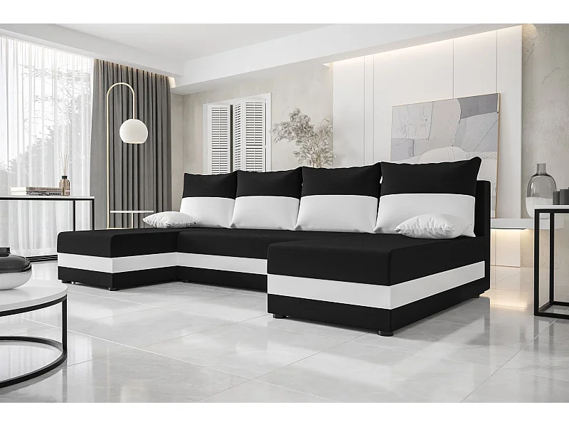 BEDANTE canapé panoramique HEWLET U Rainbow 15+31 noir/Weiß avec fonction de couchage canapé en U avec espace de rangement coffre