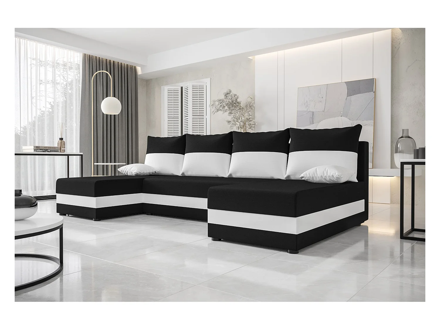 BEDANTE narożnik w kształcie U HEWLET U Rainbow 15+31 czarny/Weiß z funkcją spania sofa w kształcie litery U z pojemnikiem na pościel