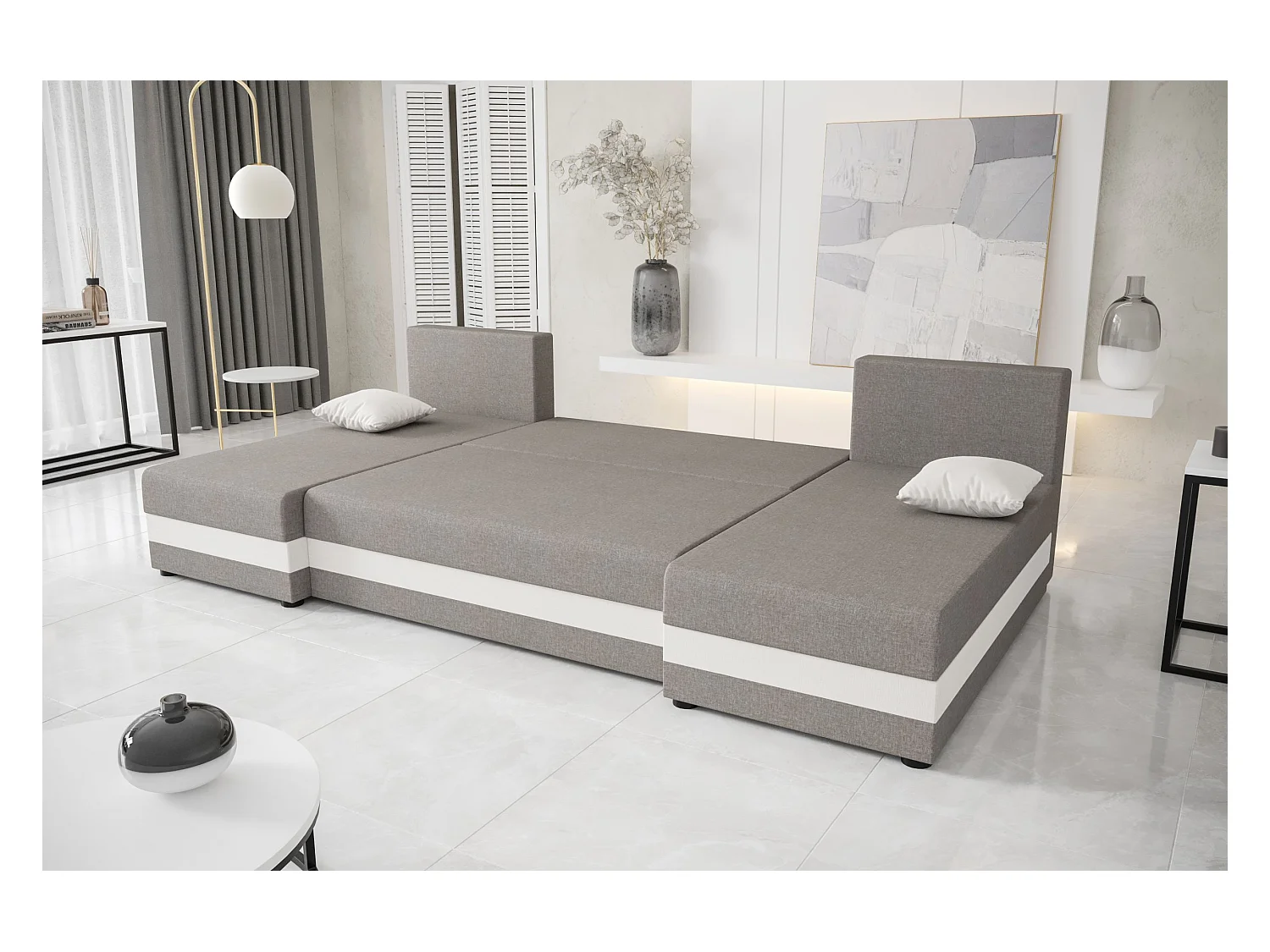 BEDANTE canapé panoramique HEWLET U Rainbow 05+41 beige/marron avec fonction de couchage canapé en U avec espace de rangement coffre