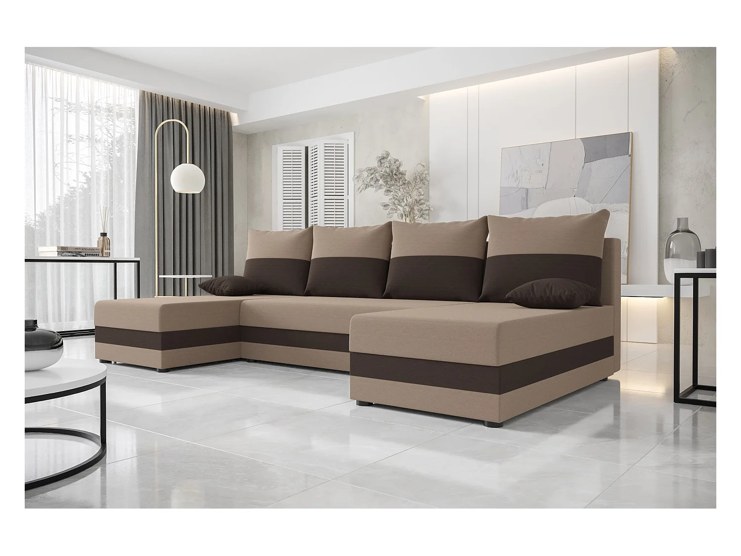 BEDANTE woonlandschap HEWLET U Rainbow 05+41 beige/bruin met slaapfunctie U-vormige bank met opbergruimte bedbox woonkamerbank bank sofa slaapbank bedbox slaapbank
