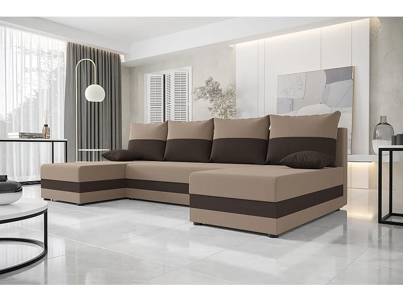BEDANTE WOHNLANDSCHAFT HEWLET U Rainbow 05+41 Beige/Braun mit Schlaffunktion U-Form Sofa mit Stauraum Bettkasten