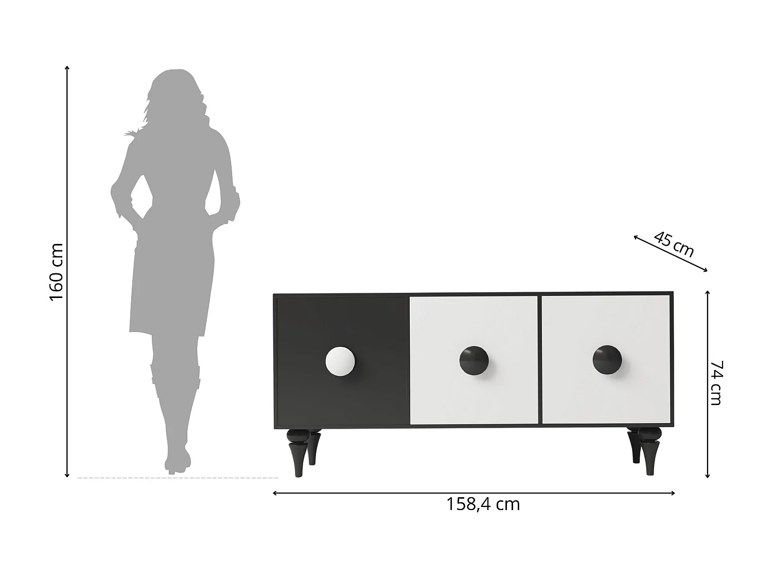 Commode moderne noir et blanc Dancan PARADIS – largeur 158 cm