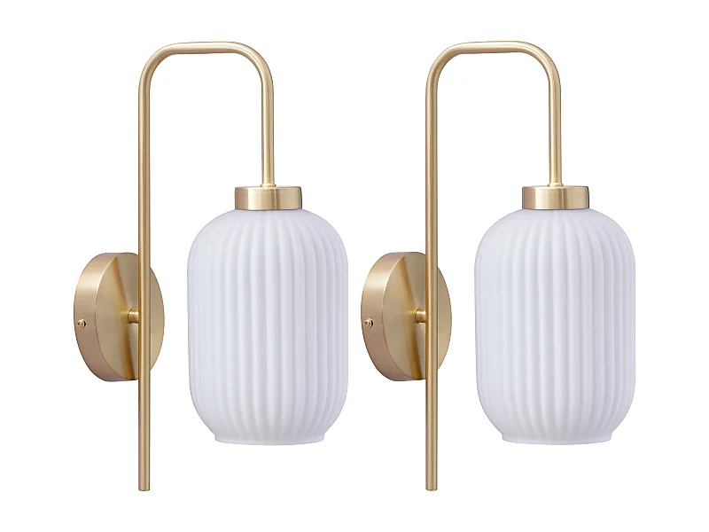 Juego de 2 apliques de pared en latón cepillado y vidrio blanco texturizado - L. 25 x Alt. 41 cm - Dorado - LOUXOR