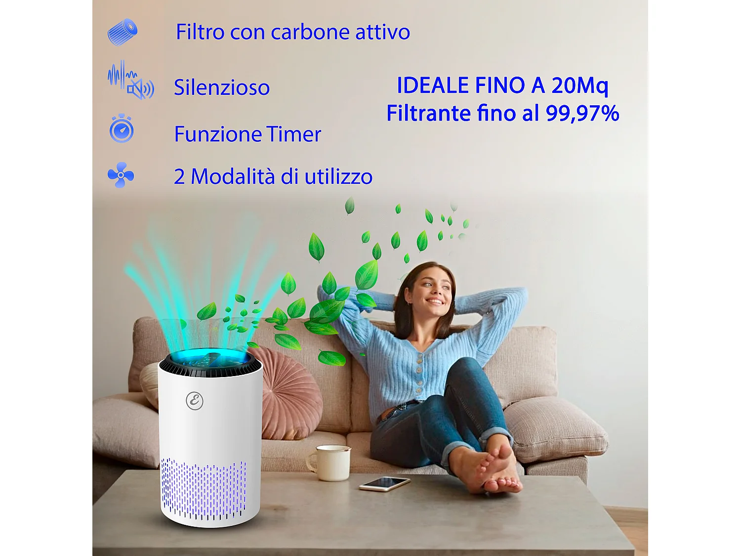 Purificatore Aria Portatile Con Filtro Hepa H13 22 Watt Elimina Odori Pollini Polvere Con Timer Ideale Per Camera Da Letto Soggiorno Bagno Ufficio 20 Mq Bianco
