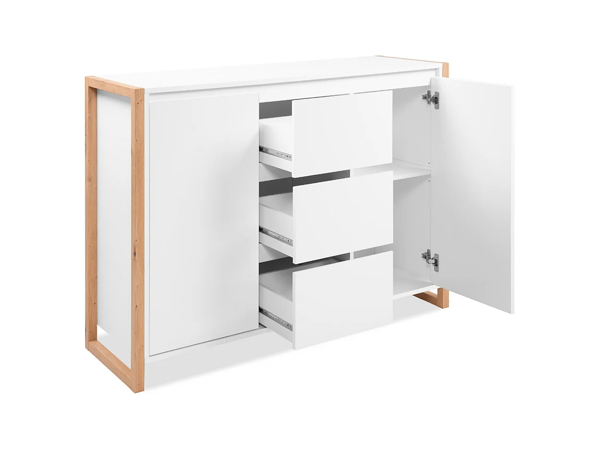 Credenza New Denver2 con 3 cassetti e 2 ante bianco e rovere 120x40x88H