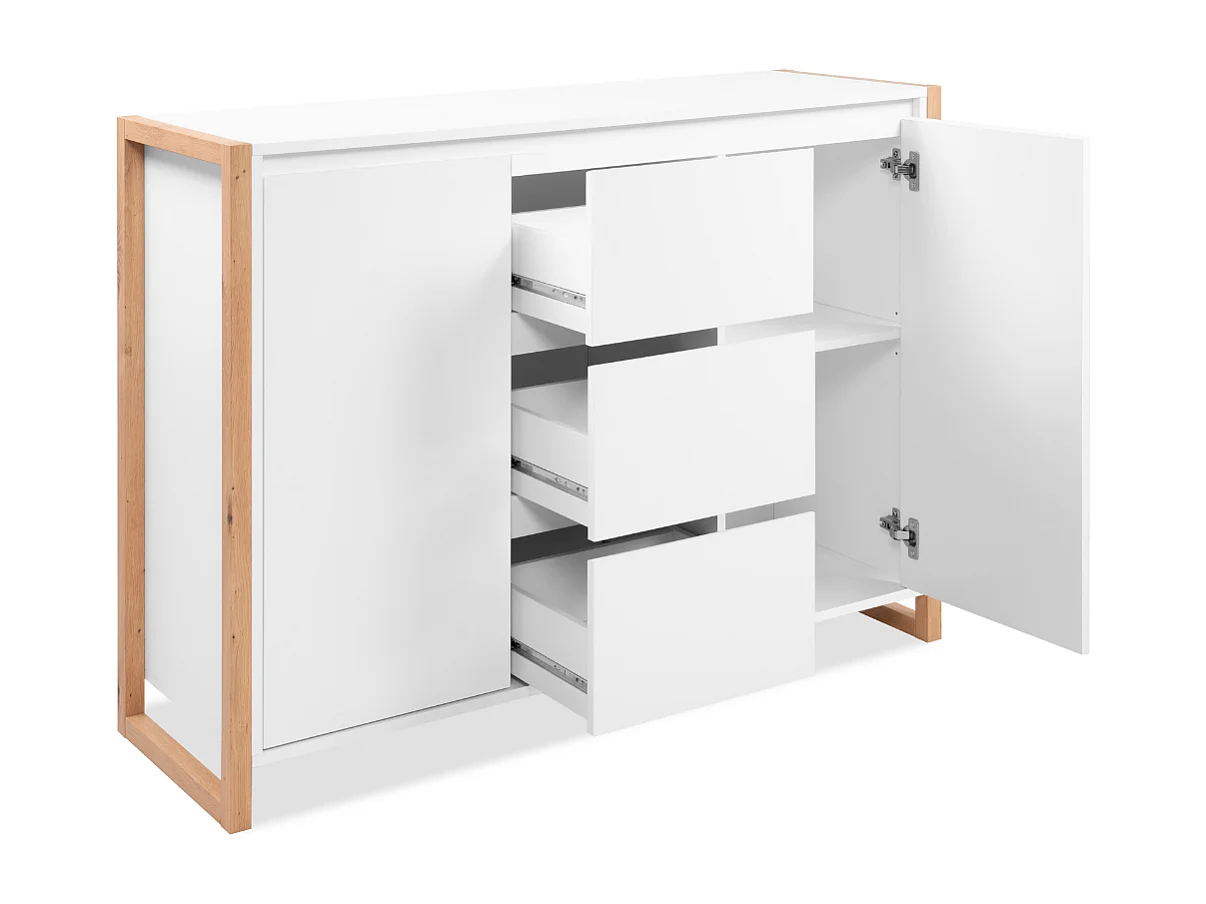 Credenza New Denver2 con 3 cassetti e 2 ante bianco e rovere 120x40x88H