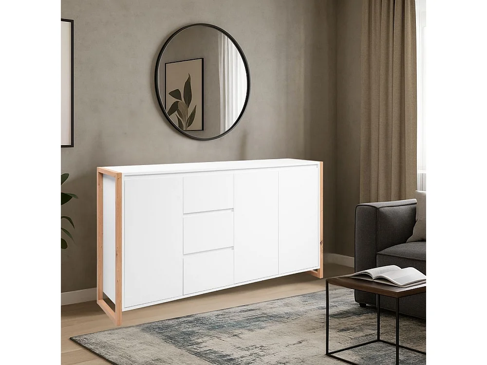 Credenza New Denver3 con 3 cassetti e 3 ante bianco e rovere 160x40x88H