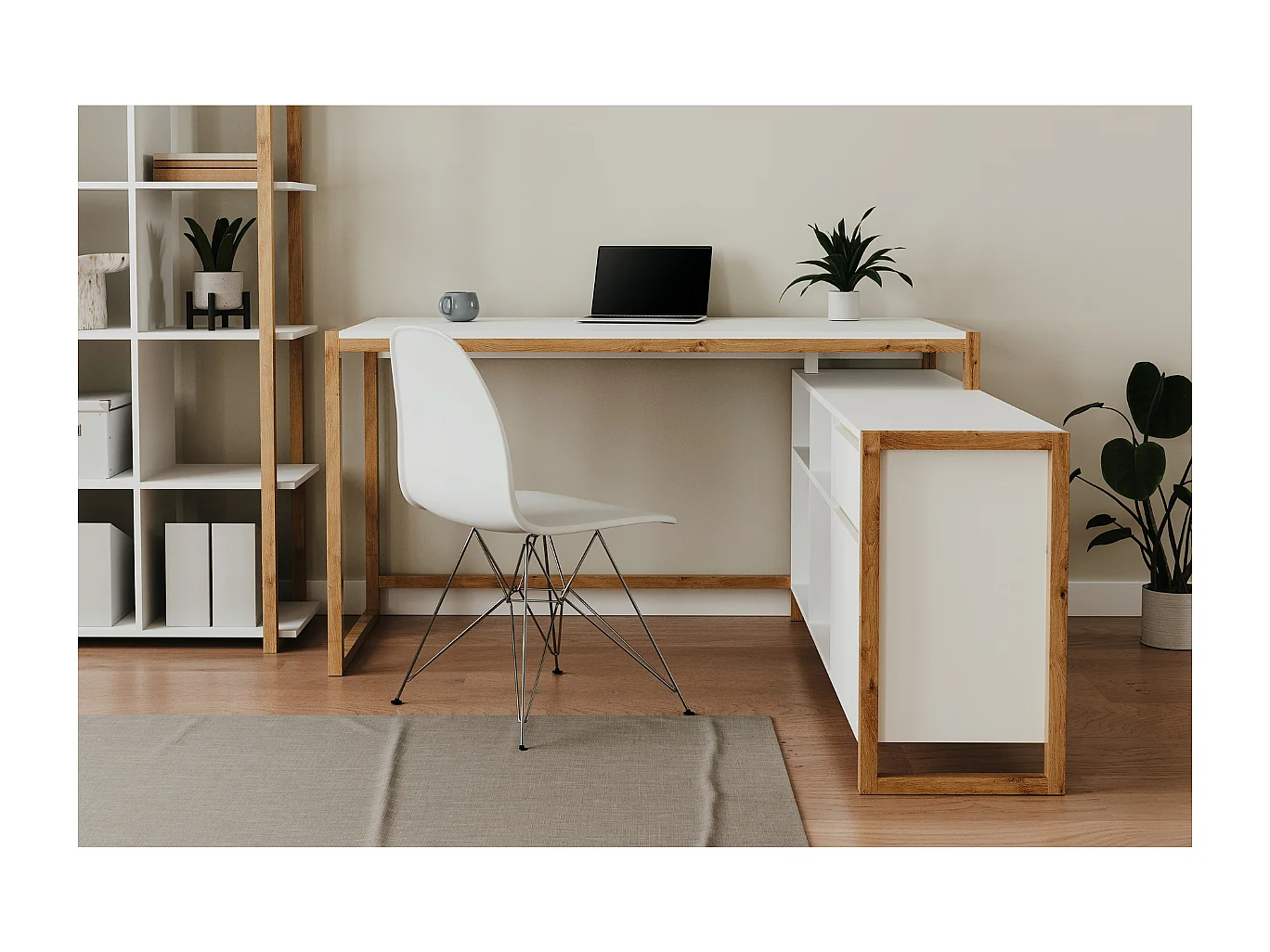 Scrivania angolare reversibile New Denver37A colore bianco e rovere