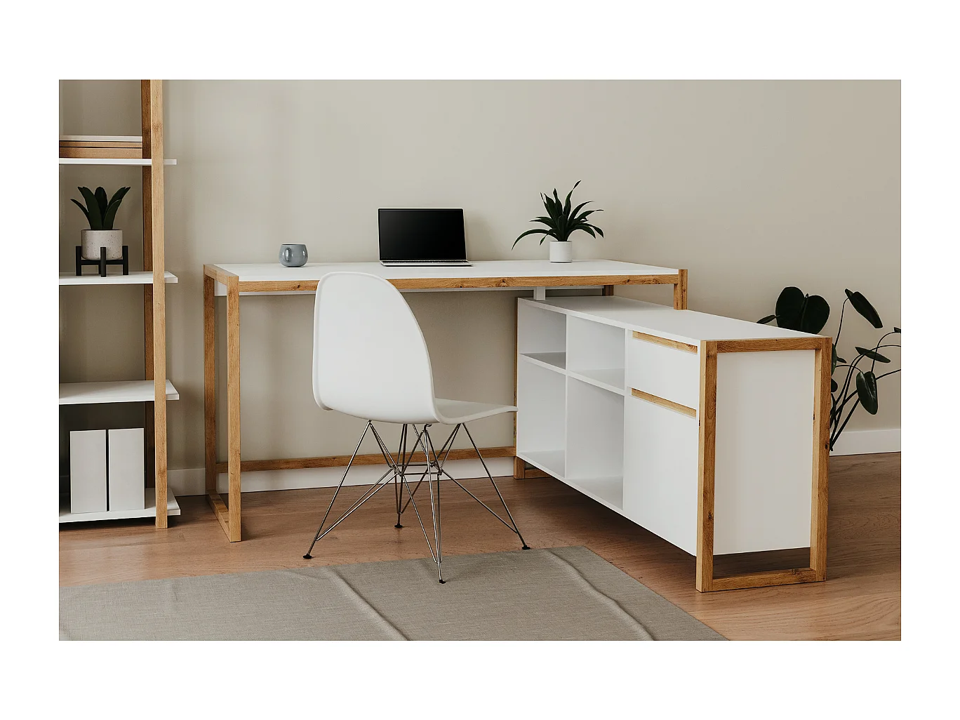 Biurko z 4 wnękami, 1 drzwiczkami i 1 szufladą L139 cm - DENVER