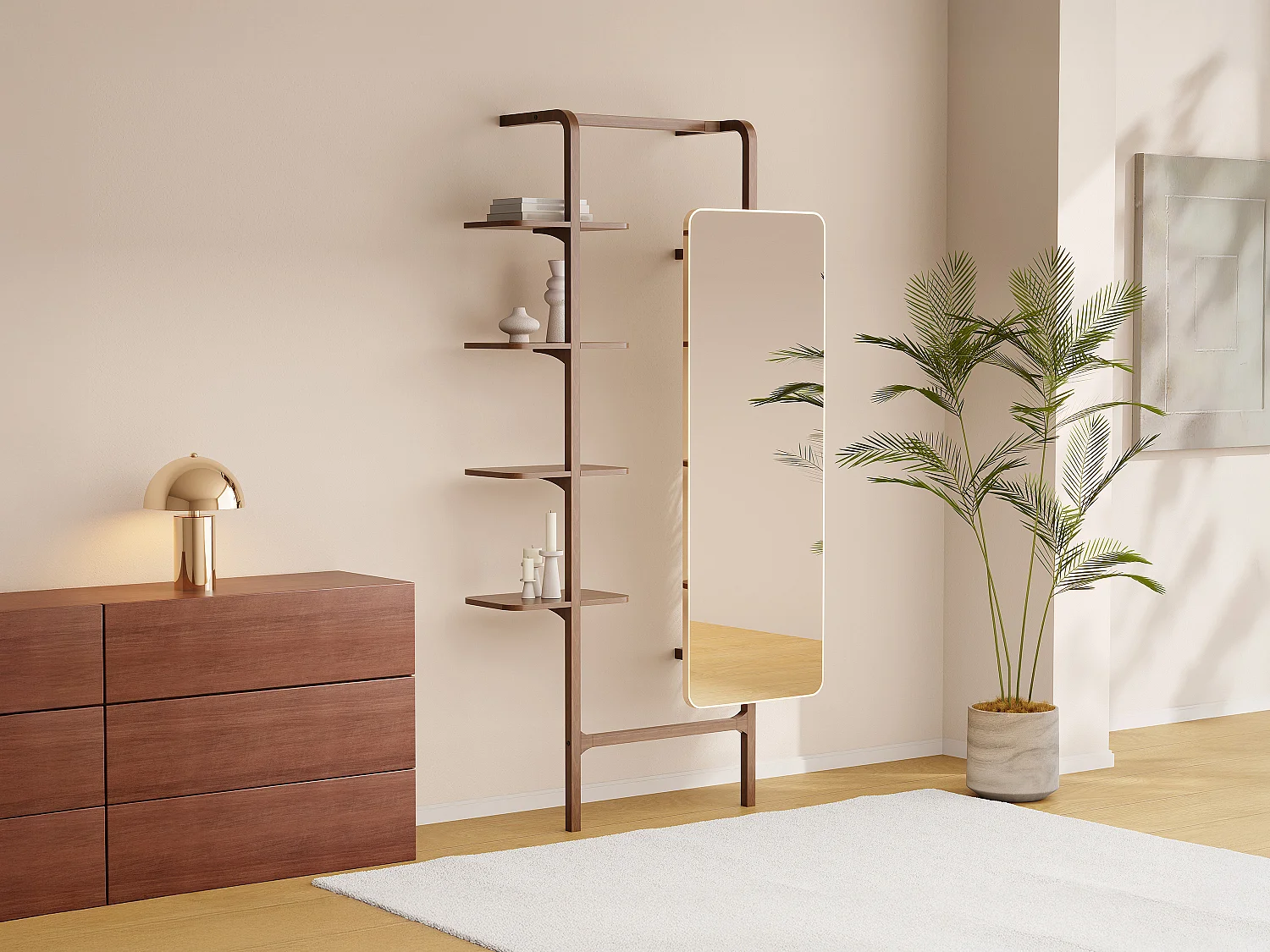 Etagère murale avec miroir en bois d'hévéa - Naturel - ZORVINA