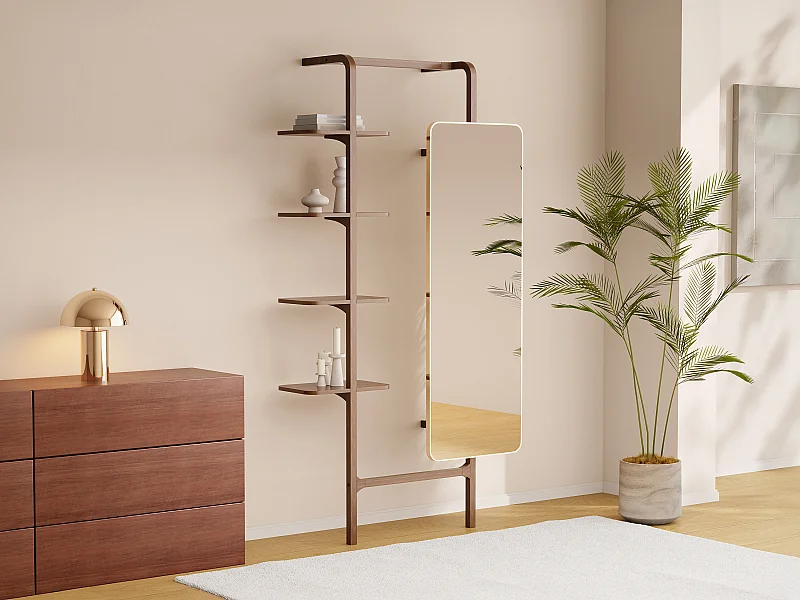 Etagère murale avec miroir en bois d'hévéa - Naturel - ZORVINA