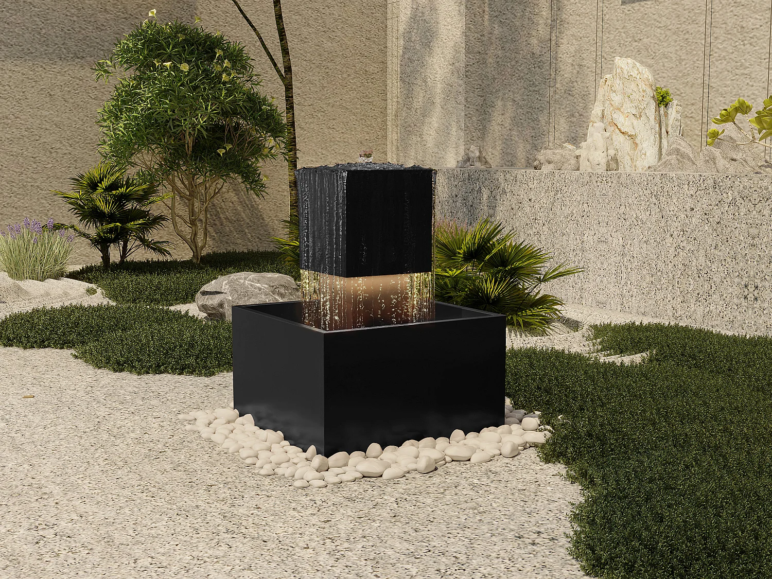 Fontaine d'extérieur en acier inoxydable avec LED - H.65 cm - Noir - CARDINA