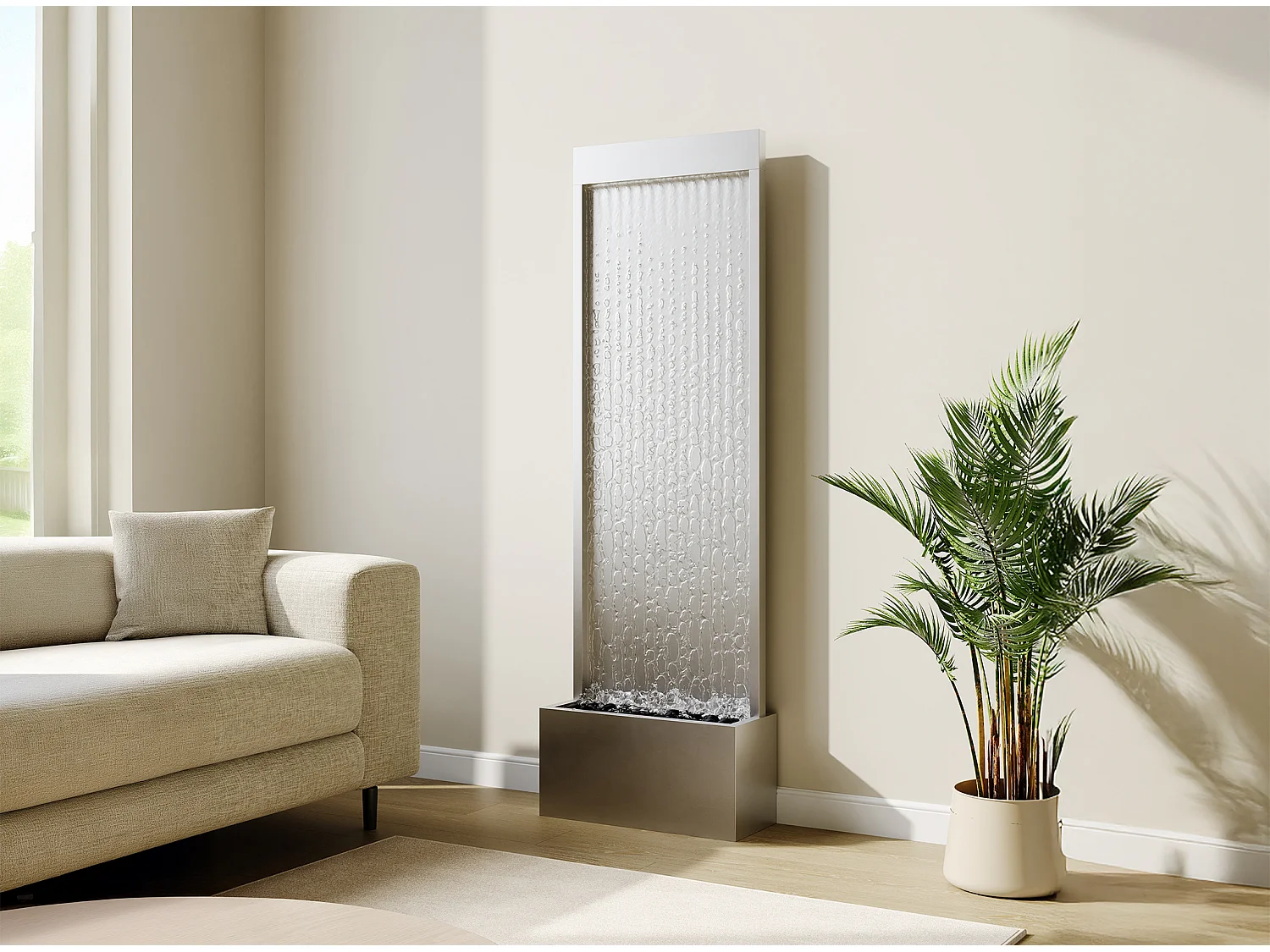 Fontaine d'extérieur en acier inoxydable et verre avec LED - L. 61 x P. 26 x H.183 cm - Argenté - PANGA