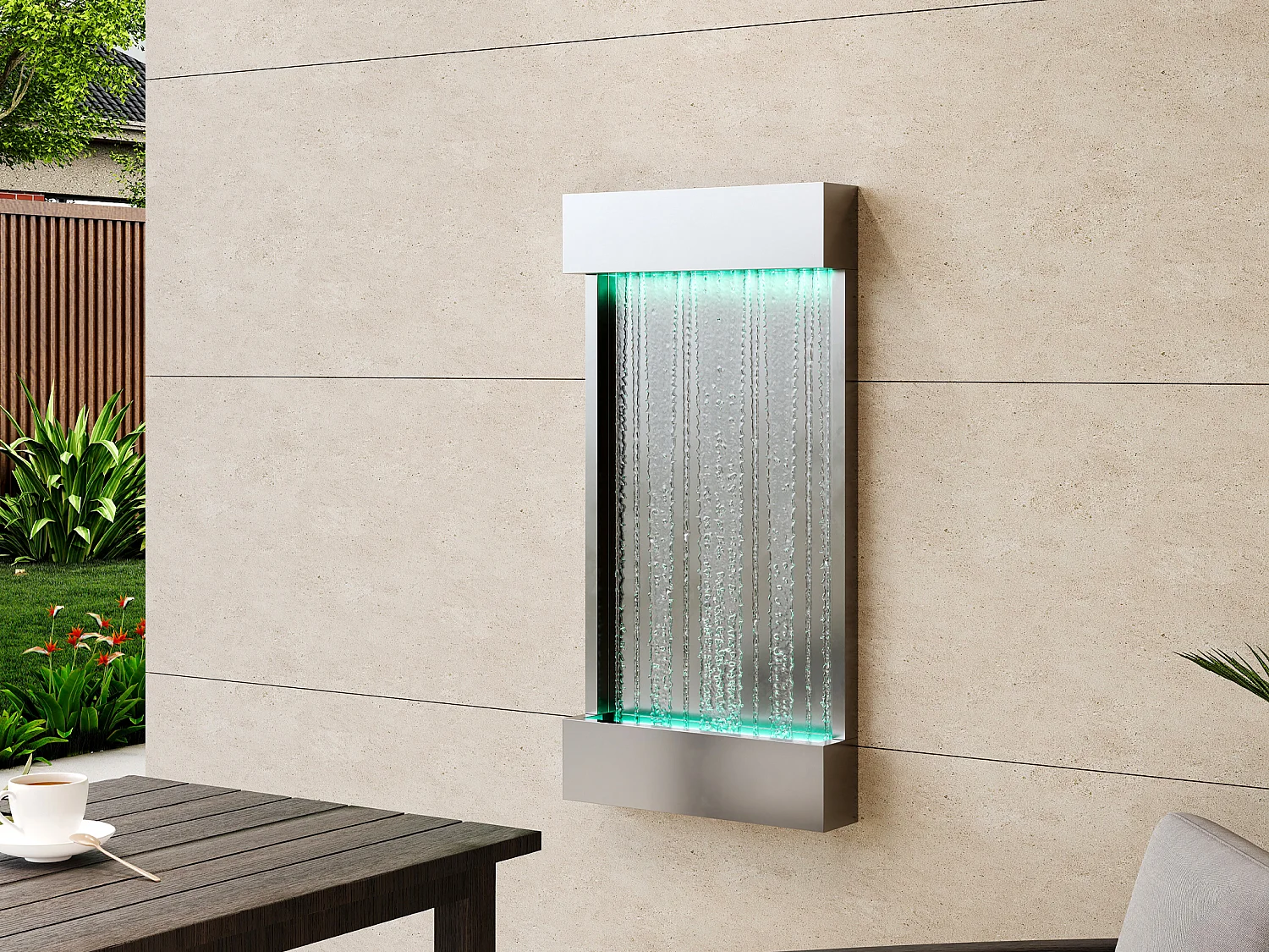 Fontaine murale extérieure/intérieure en acier inoxydable avec LED - L. 56.5 x H. 122 cm - Argenté - SOLINA