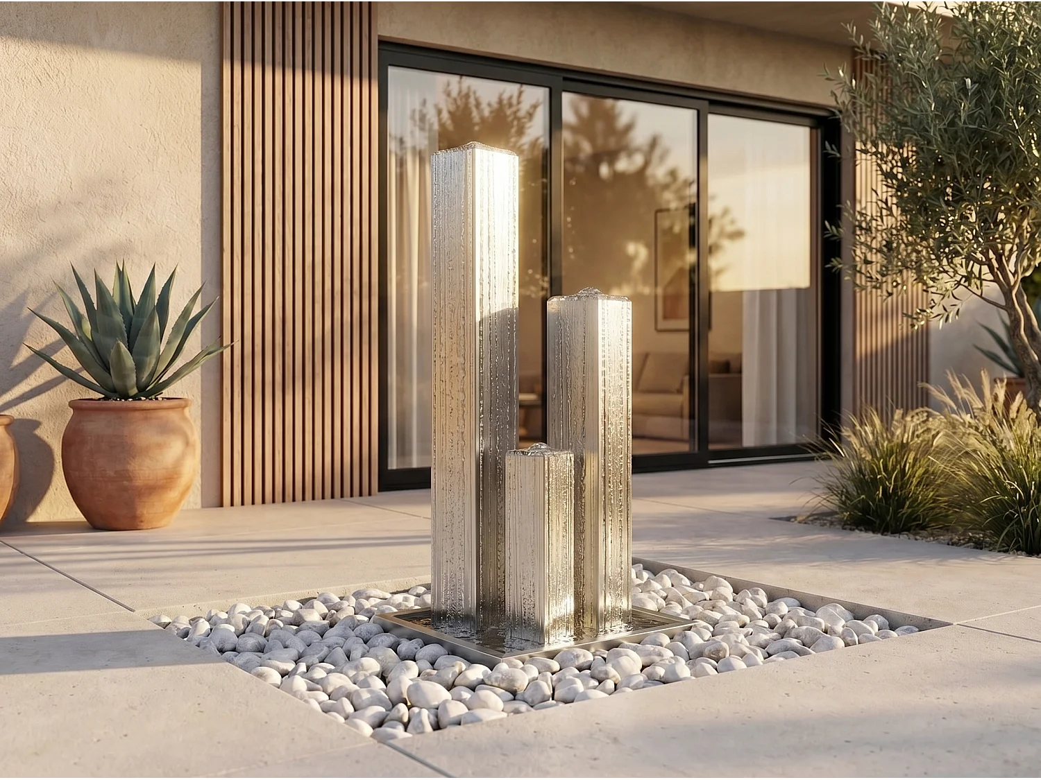Fontaine d'extérieur en acier inoxydable - 3 colonnes - L. 49 x H. 98 cm - Argenté - PAMORA