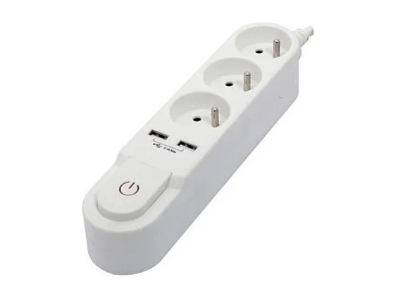CHACON Bloc multiprise avec interrupteur 3 prises 16 A et 2 sorties USB 2 A, cable 1,5 m blanc