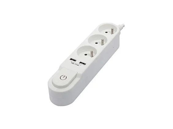 CHACON Bloc multiprise avec interrupteur 3 prises 16 A et 2 sorties USB 2 A, cable 1,5 m blanc