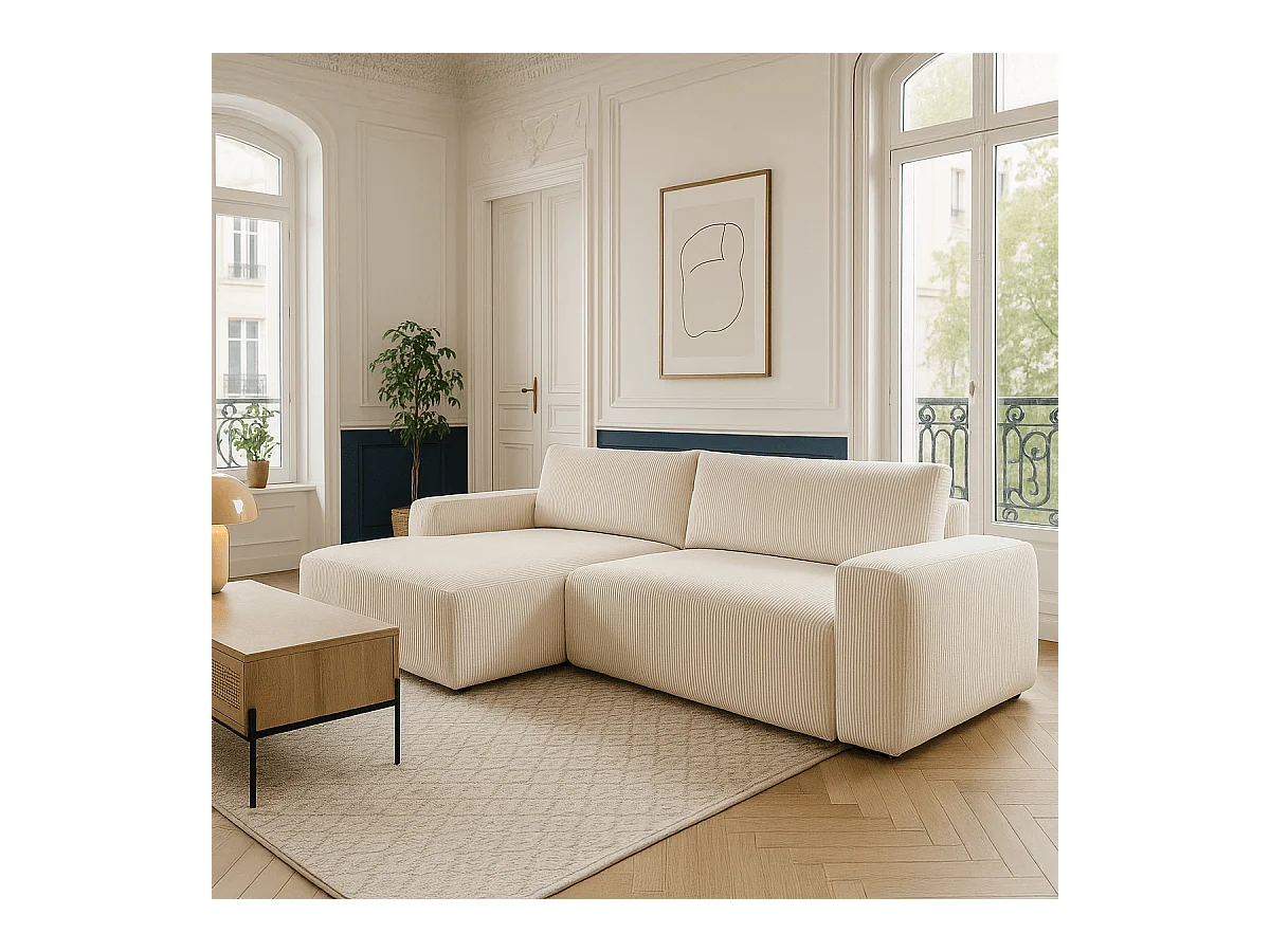 Canapé d'angle droit convertible 3 places en velours côtelé beige - Sonny
