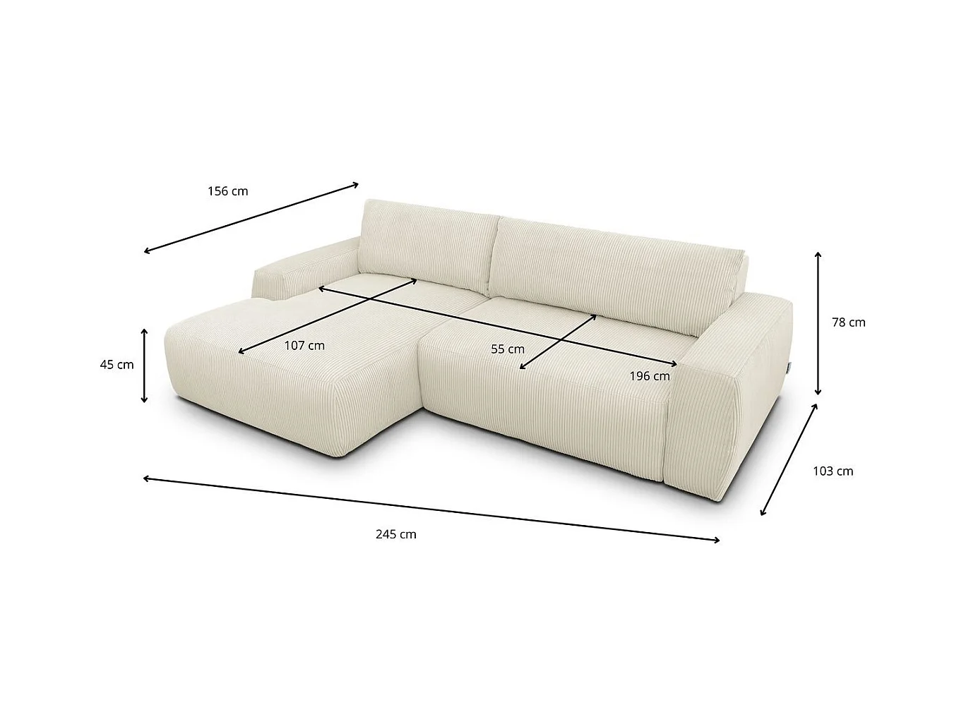 Canapé d'angle droit convertible 3 places en velours côtelé beige - Sonny