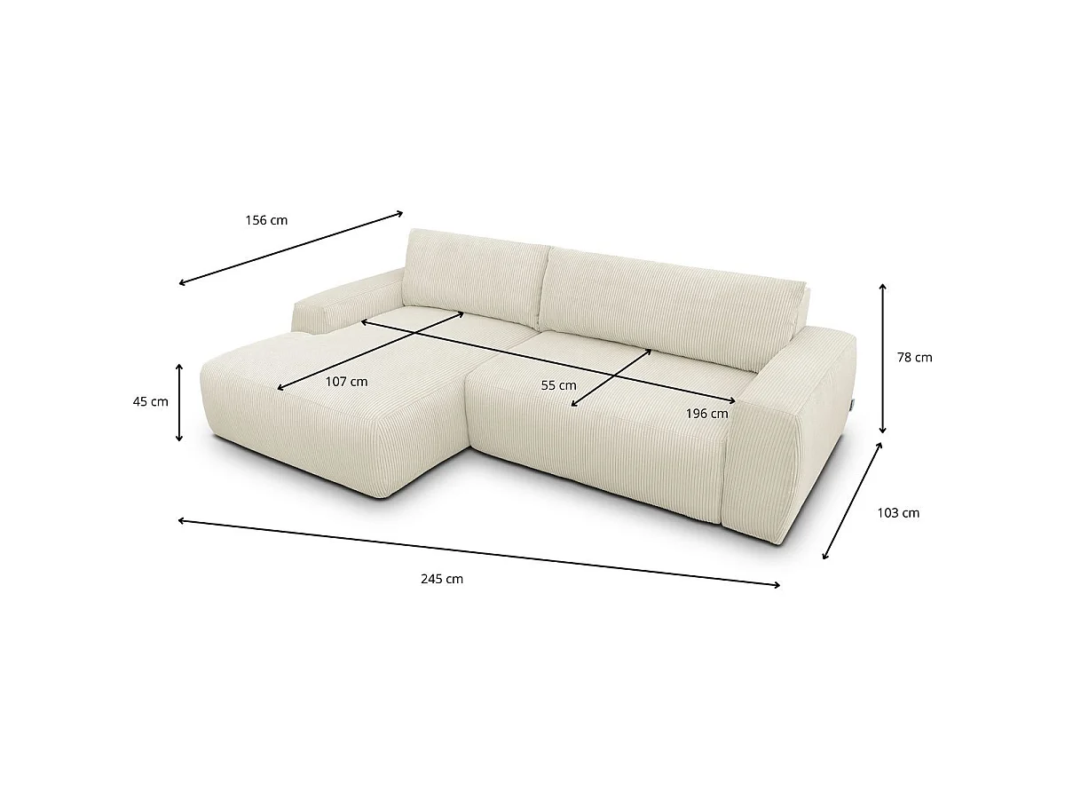 Canapé d'angle convertible 3 places en velours côtelé beige
