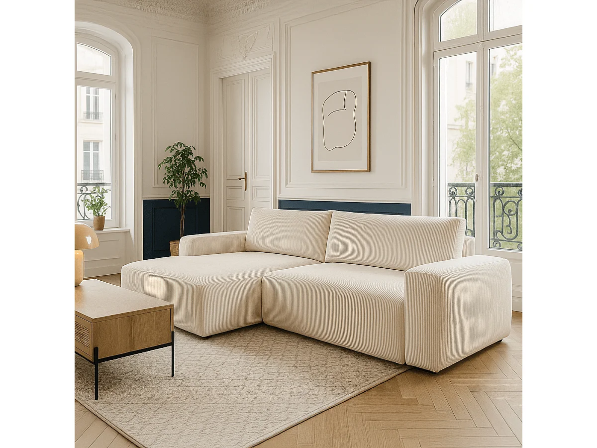 Canapé d'angle droit convertible 3 places en velours côtelé beige - Sonny