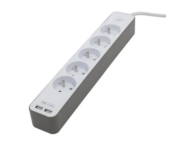 CHACON Bloc multiprise 5 prises 16 A avec 2 ports USB et cable 1,5 m HO5VV-F 3x1,5 mm2 blanc et brun