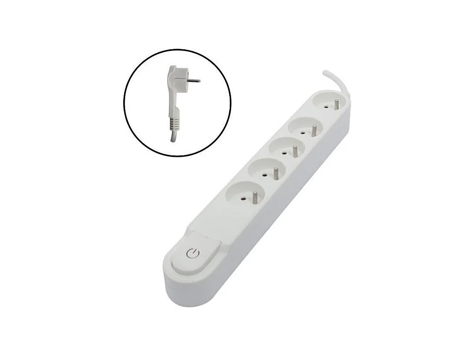 CHACON Bloc multiprise 5 prises 16 A avec interrupteur, fiche plate, cable 1,5 m HO5VV-F 3x1,5 mm2 blanc