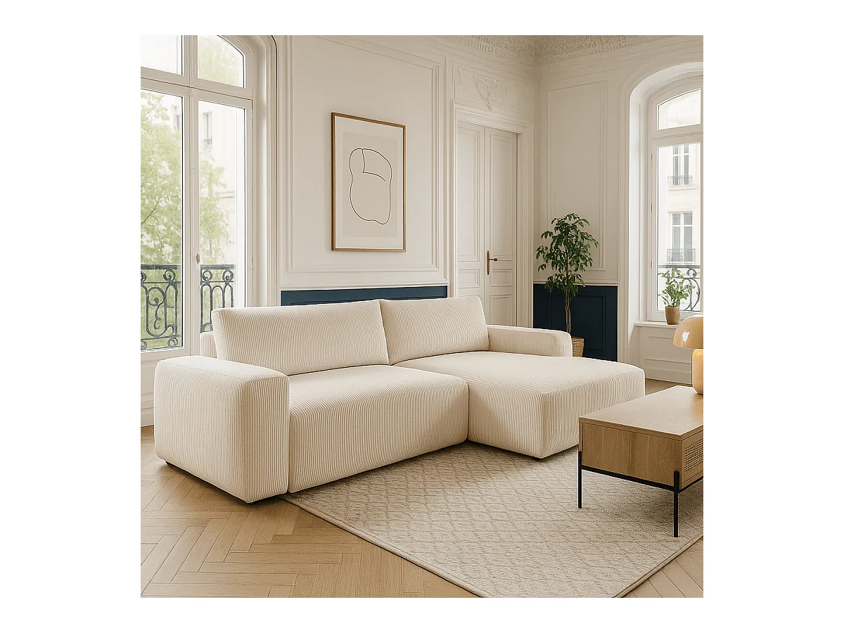 Canapé d'angle gauche convertible 3 places en velours côtelé beige - Sonny