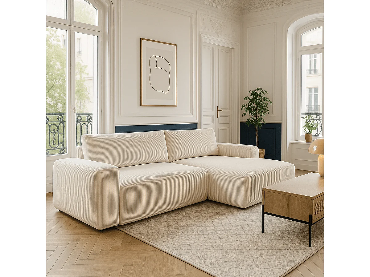 Canapé d'angle gauche convertible 3 places en velours côtelé beige - Sonny