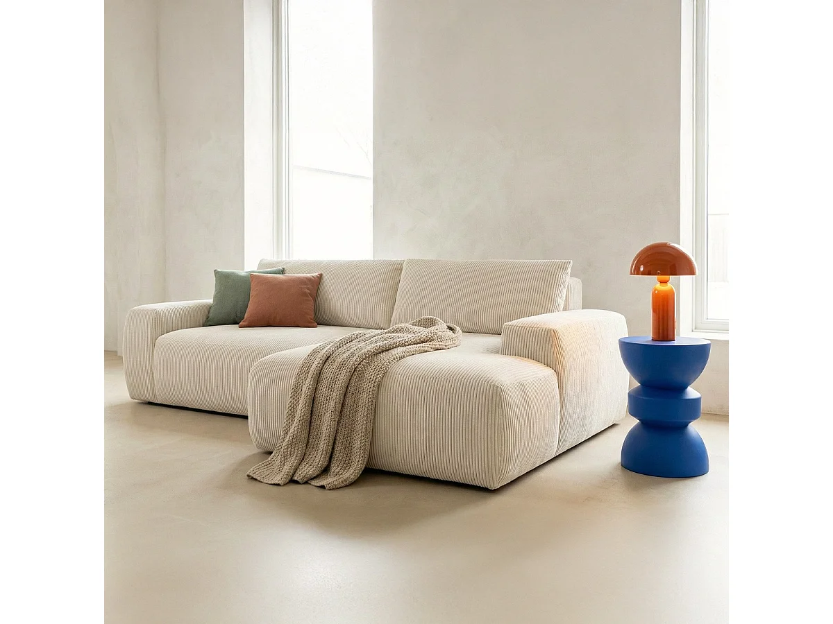 Canapé d'angle gauche convertible 3 places en velours côtelé beige - Sonny