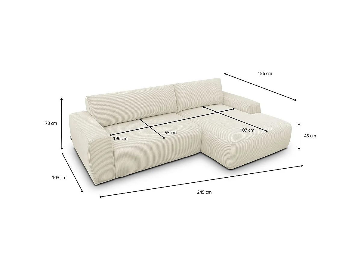 Canapé d'angle convertible 3 places en velours côtelé beige