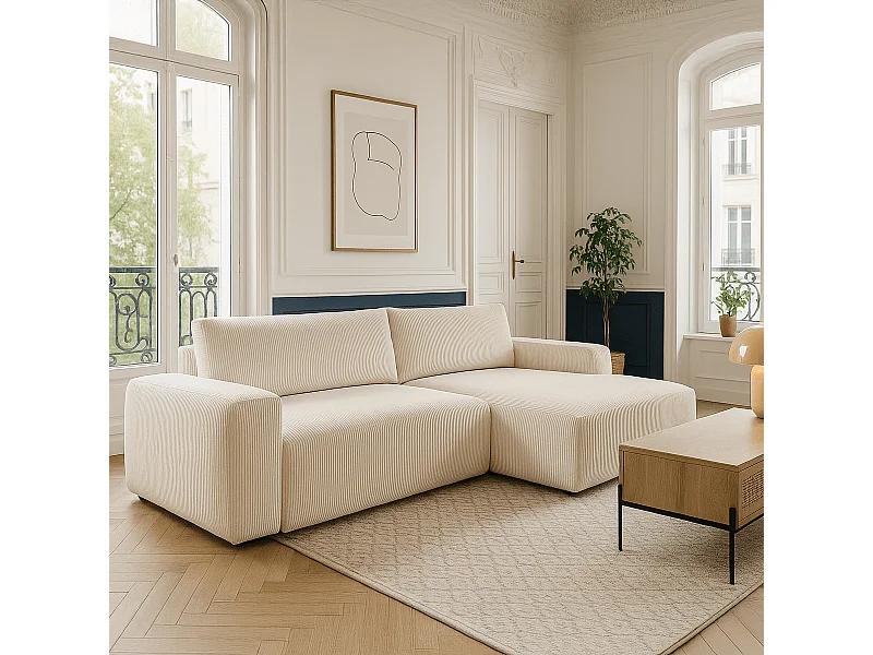 Canapé d'angle gauche convertible 3 places en velours côtelé beige - Sonny