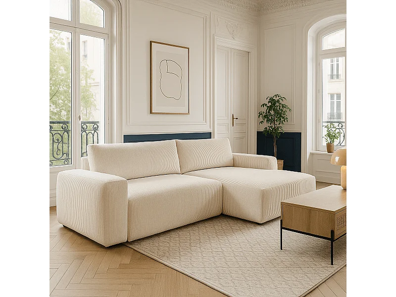 Canapé d'angle gauche convertible 3 places en velours côtelé beige - Sonny