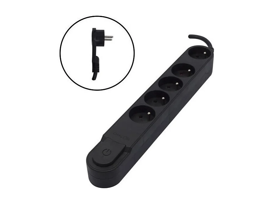 CHACON Bloc multiprise 5 prises 16 A avec interrupteur, fiche plate, cable 1,5 m HO5VV-F 3x1,5 mm2 noir